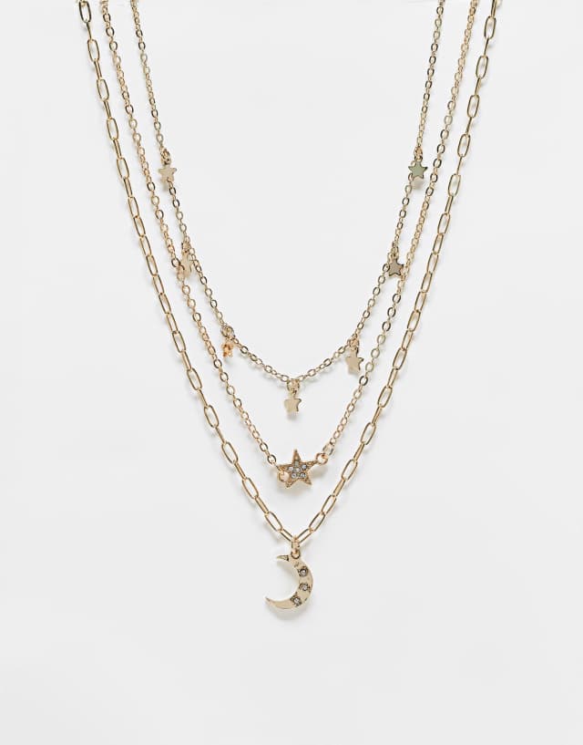 River Island multirow necklace with celestial charms in gold tone