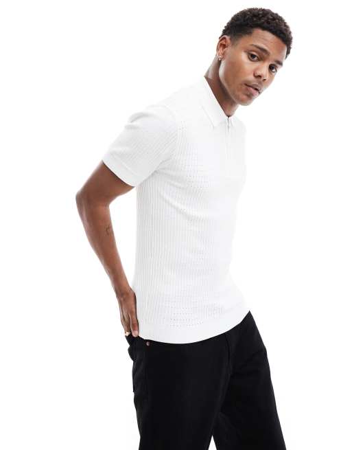 River Island - Muscle fit ajourgebreid poloshirt in wit