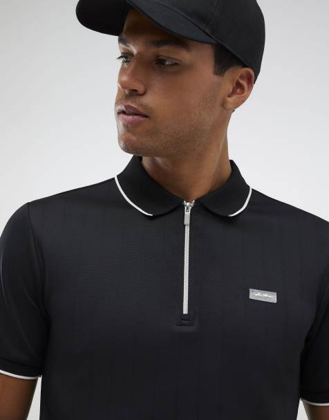 River Island Muscle fit amis stripe polo shirt in black