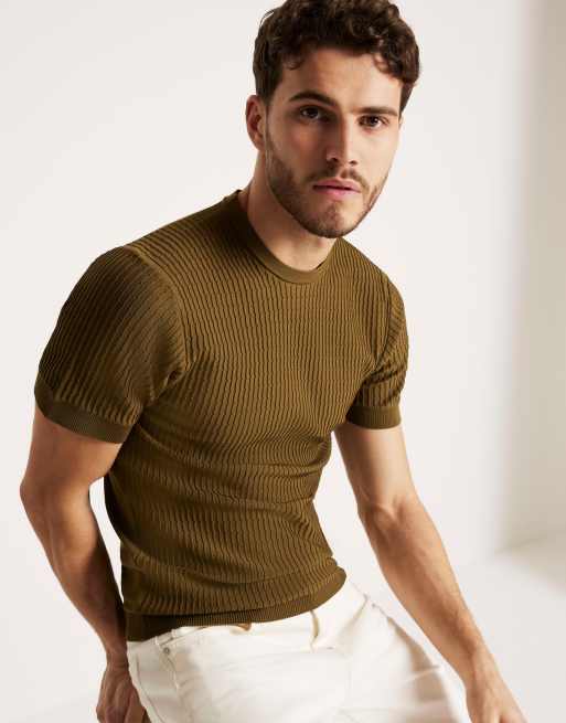 River Island Muscle fit brick knit t-shirt in green - light