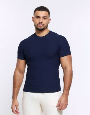River Island Muscle fit brick knit t-shirt in navy - ASOS Price Checker