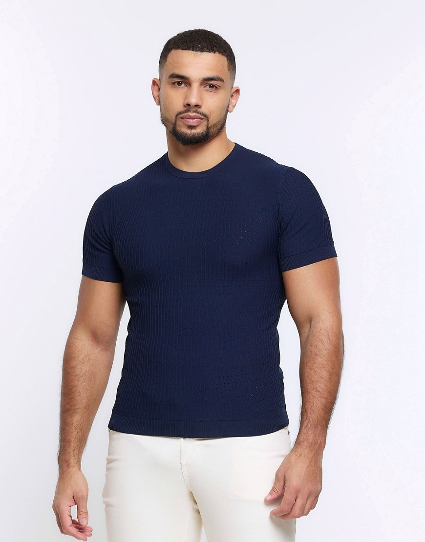 River Island Muscle fit brick knit t-shirt in navy-Blue