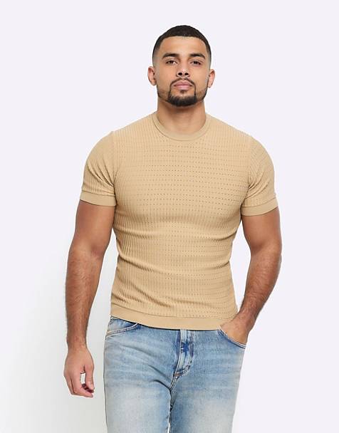 River Island Muscle fit brick pointelle t-shirt in stone - light