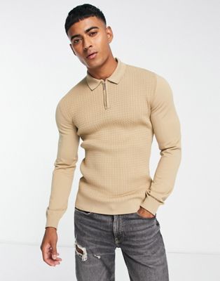 River Island muscle fit cable polo jumper in stone