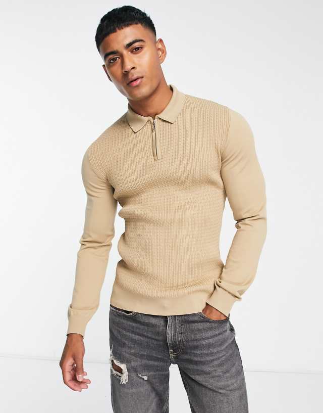 River Island - muscle fit cable polo jumper in stone