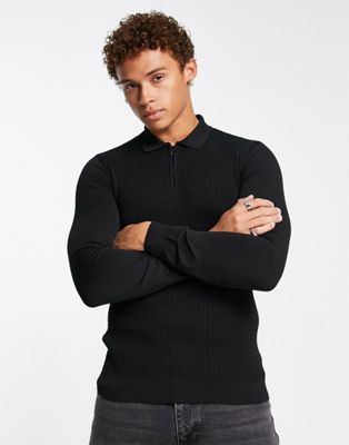 River Island muscle fit cable polo shirt in black