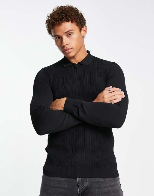 River Island muscle fit cable polo shirt in black | ASOS