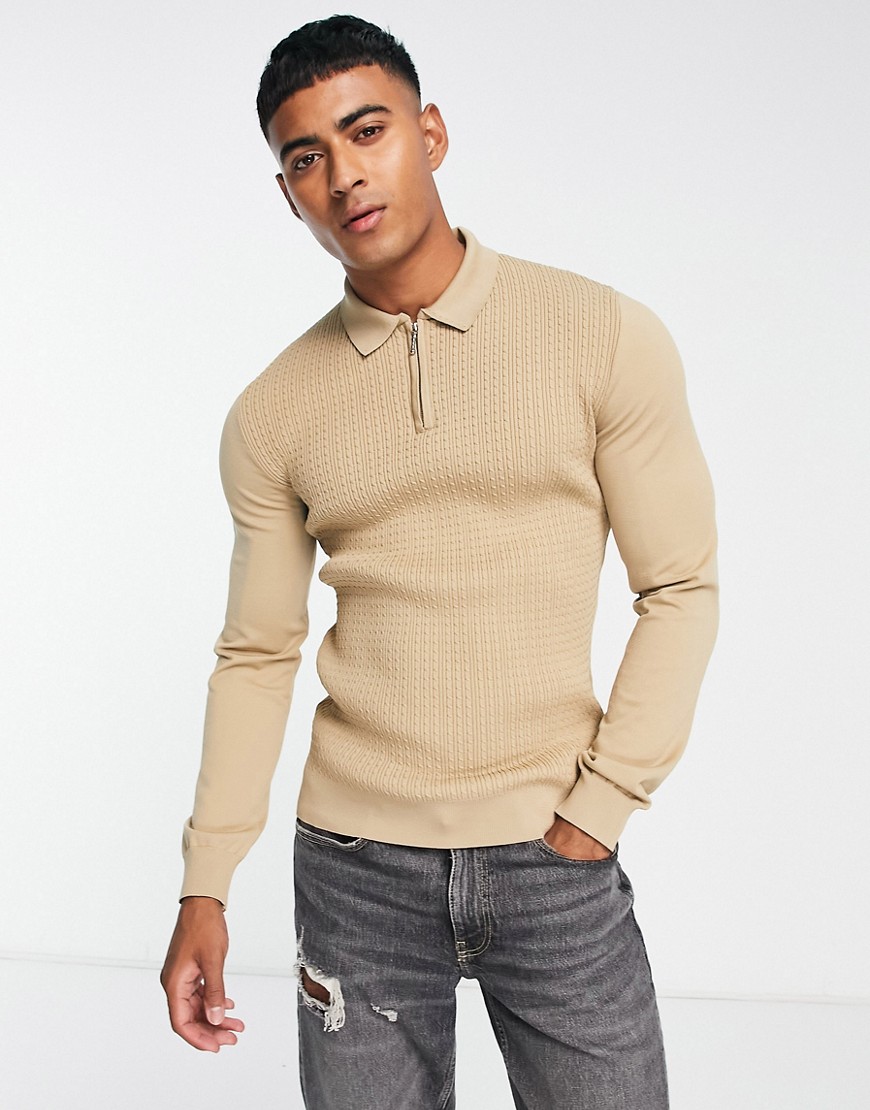 RIVER ISLAND MUSCLE FIT CABLE POLO SWEATER IN STONE-NEUTRAL