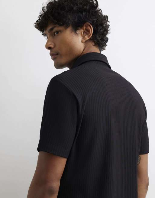River Island Muscle fit cotton ottoman shirt in black, 4 of 4