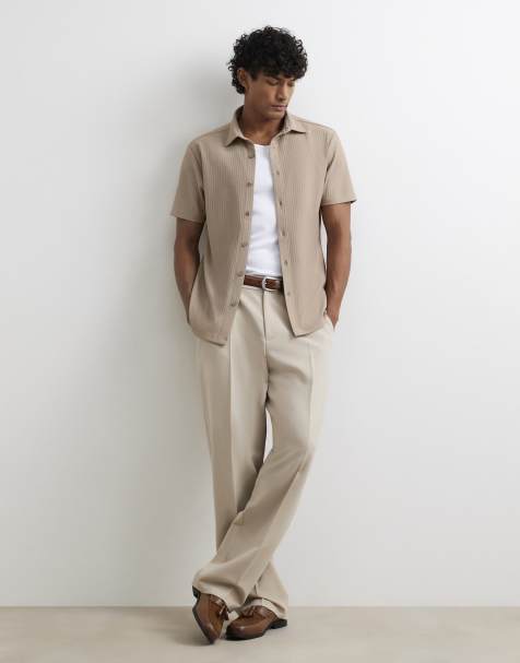 River Island Muscle fit cotton ottoman shirt in stone - view 1