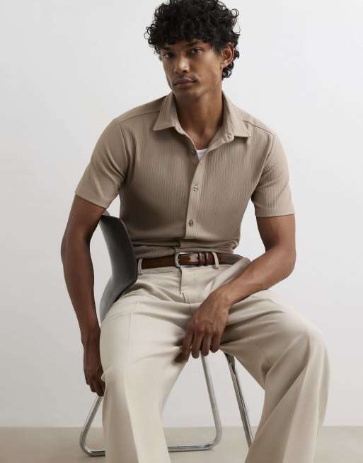 River Island Muscle fit cotton ottoman shirt in stone, 3 of 4