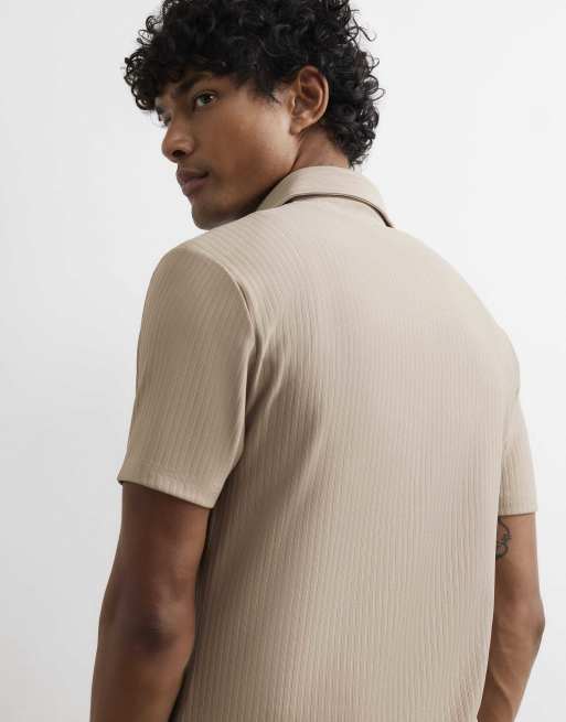 River Island Muscle fit cotton ottoman shirt in stone, 4 of 4
