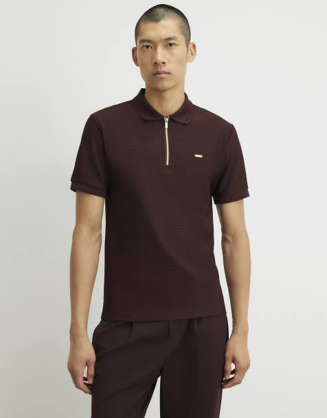 River Island Muscle fit cotton textured polo shirt in burgundy - view 1