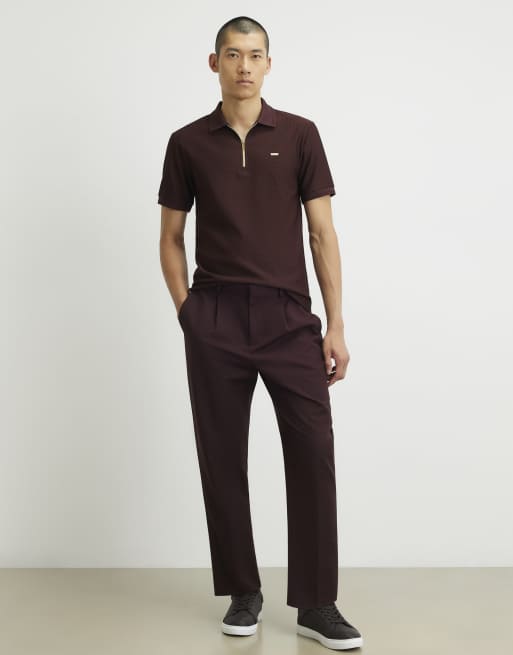 River Island Muscle fit cotton textured polo shirt in burgundy , 2 of 4