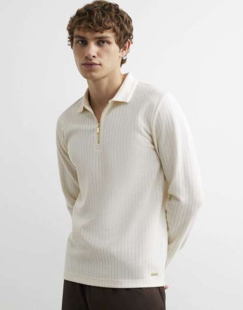 River Island Muscle fit cotton textured polo shirt in ecru - view 1