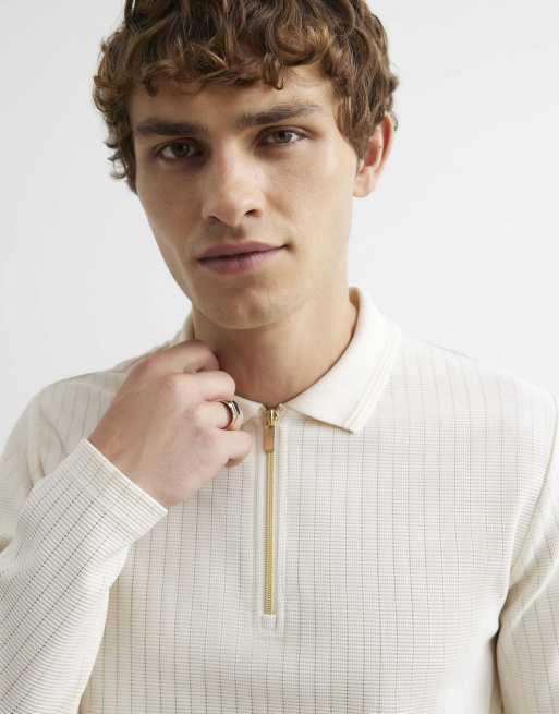 River Island Muscle fit cotton textured polo shirt in ecru, 2 of 4