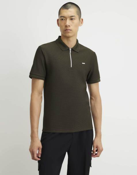 River Island Muscle fit cotton textured polo shirt in khaki - view 1