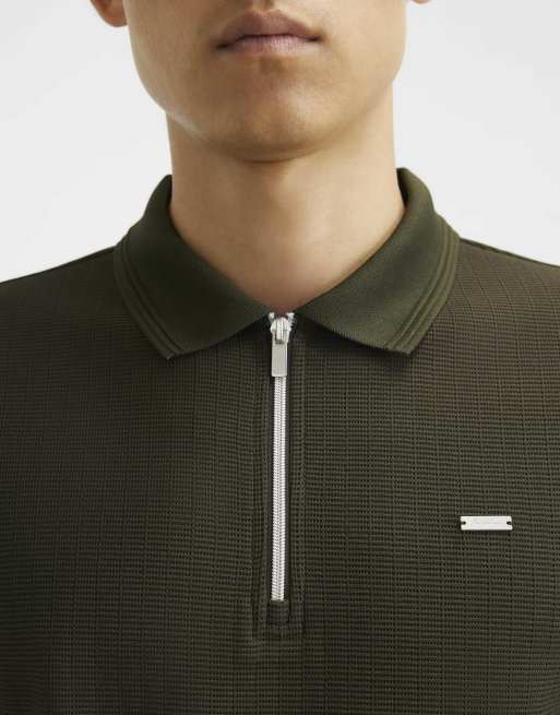 River Island Muscle fit cotton textured polo shirt in khaki, 3 of 4