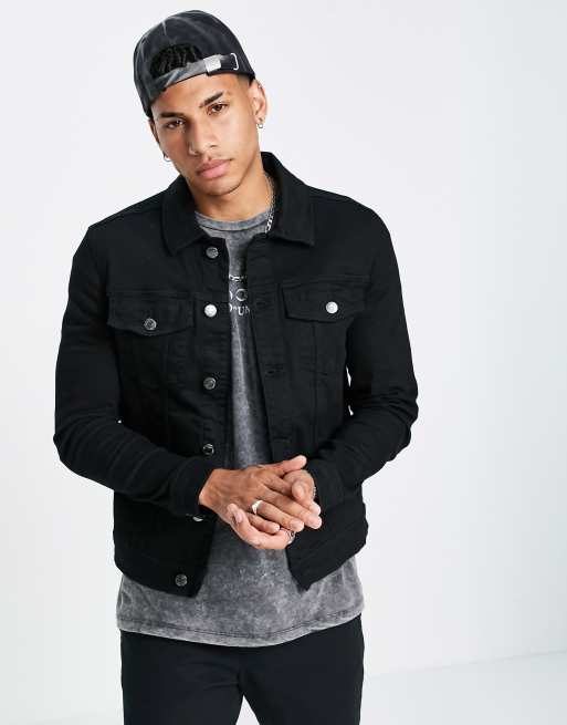 River Island muscle fit denim jacket in black | ASOS