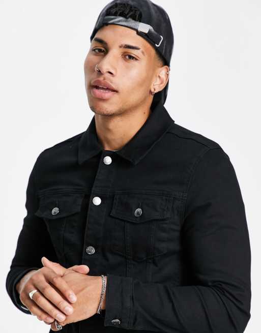 Black muscle fit denim jacket sale