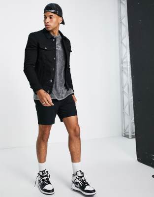 black shorts with jean jacket