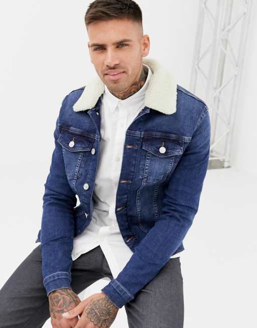 River Island muscle fit denim jacket in dark wash blue