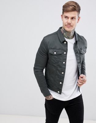 River Island muscle fit denim jacket in green wash | ASOS