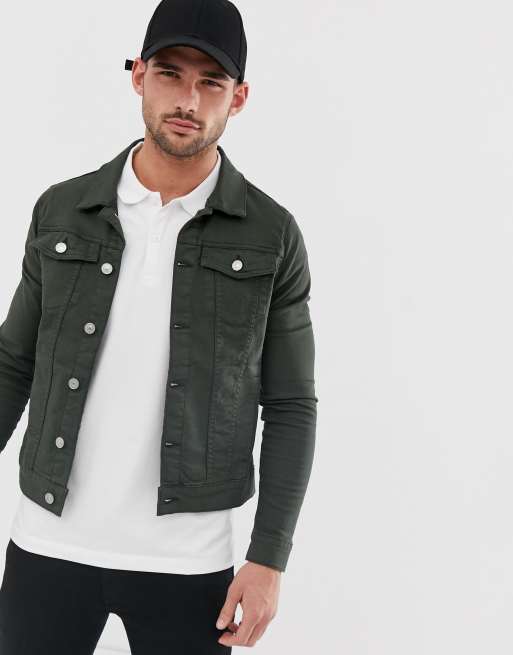 Dark green muscle 2025 fit denim jacket