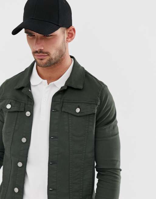 Dark green muscle 2025 fit denim jacket