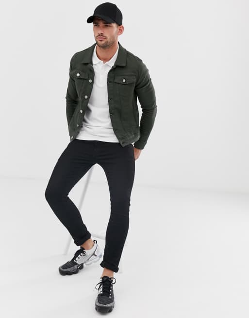 Dark green muscle fit denim sale jacket