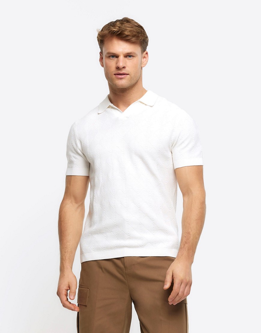 River Island Muscle fit diamond stitch knit polo in white