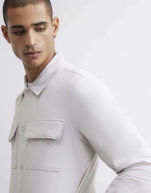 River Island Muscle fit funnel neck cotton shacket in ecru, 3 of 4