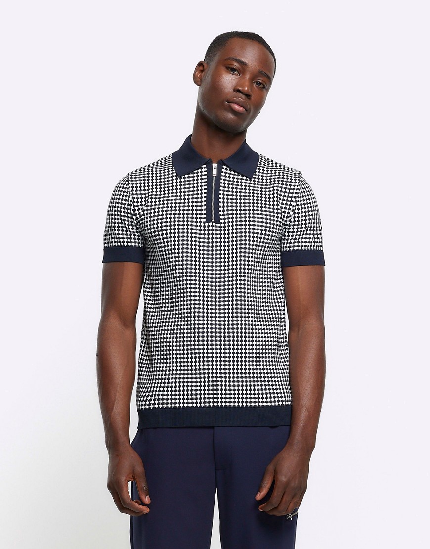 River Island Muscle fit geo polo t-shirt in navy-Blue
