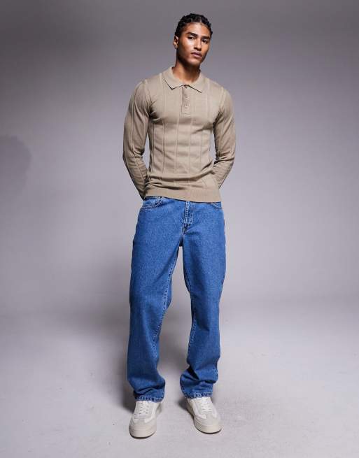 River Island - Muscle fit geribbelde gebreide polo in kiezelkleur, 2 van 5