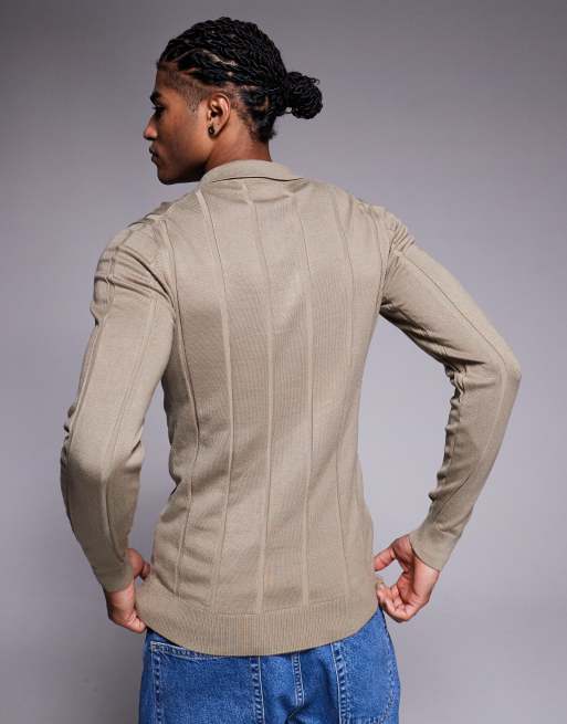 River Island - Muscle fit geribbelde gebreide polo in kiezelkleur, 3 van 5