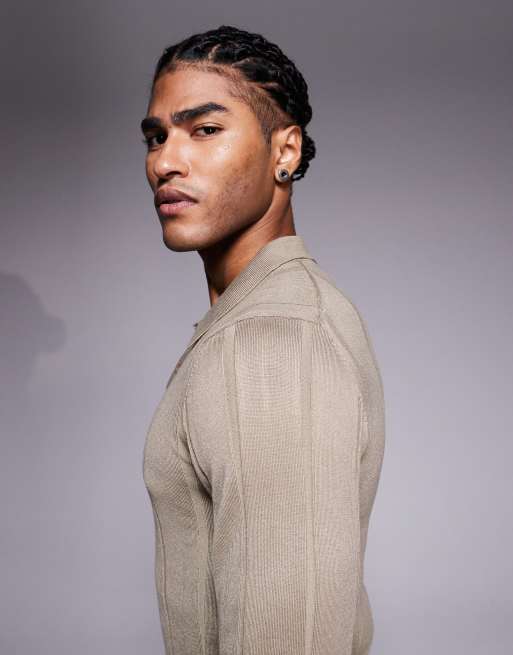 River Island - Muscle fit geribbelde gebreide polo in kiezelkleur, 4 van 5