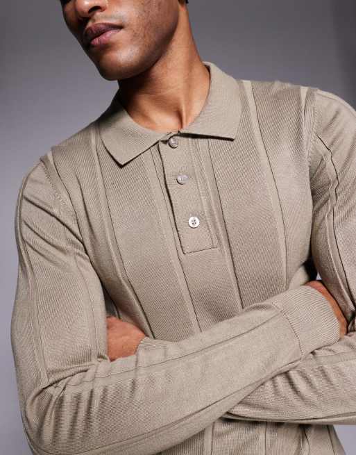 River Island - Muscle fit geribbelde gebreide polo in kiezelkleur, 5 van 5