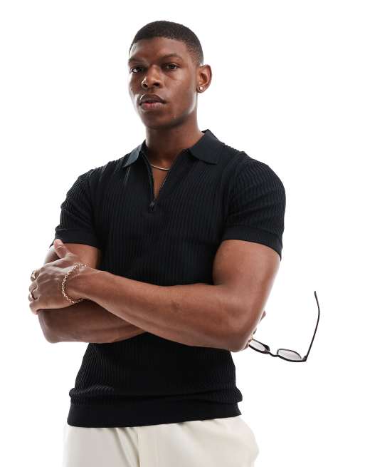 River Island - Muscle fit geribbelde polo met korte rits in zwart