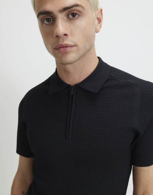 River Island Muscle fit hexogen textured polo shirt in black, 2 of 4
