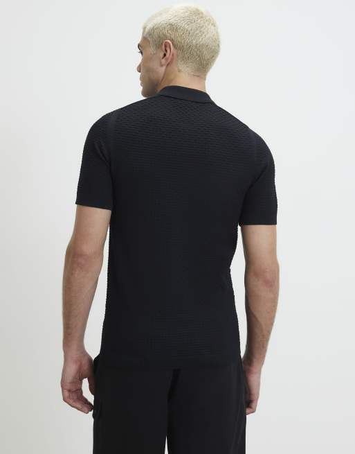 River Island Muscle fit hexogen textured polo shirt in black, 4 of 4