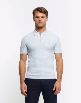 River Island Muscle fit knitted half zip polo in blue