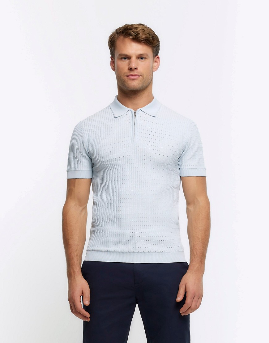 River Island Muscle fit knitted half zip polo in blue