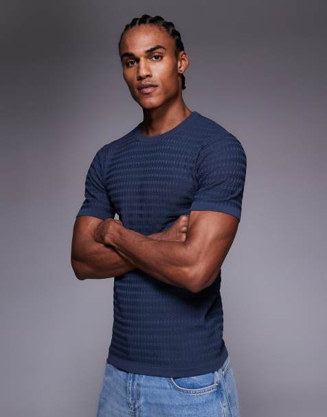 River Island muscle fit knitted t-shirt in blue