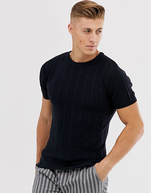 River Island muscle fit knitted t-shirt in navy | ASOS
