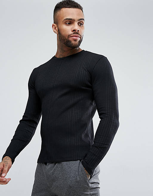 River Island Muscle Fit Long Sleeve Ribbed Top In Black | ASOS