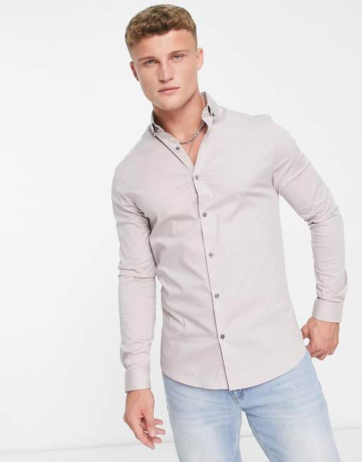 River Island - Muscle fit overhemd met lange mouwen in stone