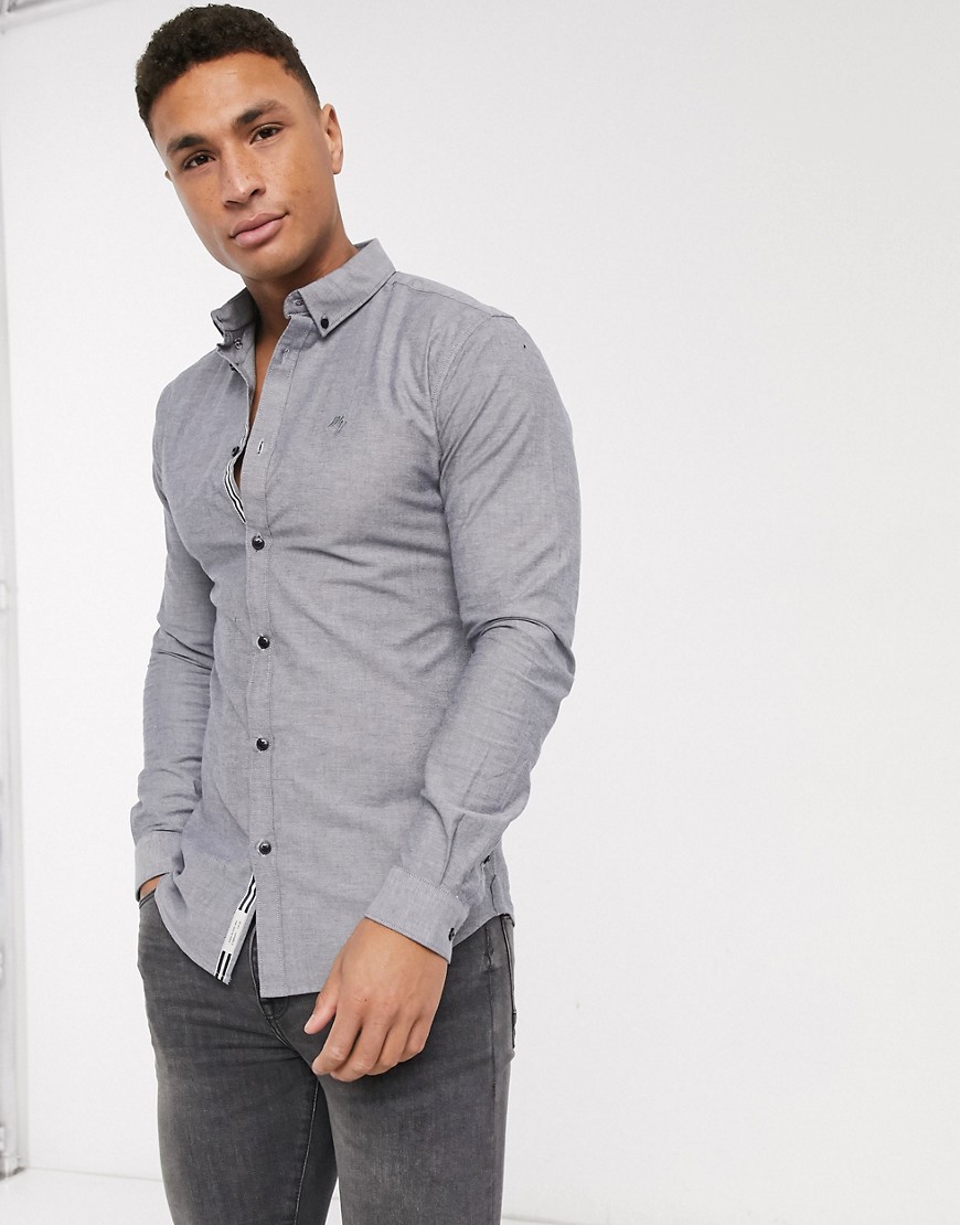 River Island muscle fit oxford shirt in light gray-Grey