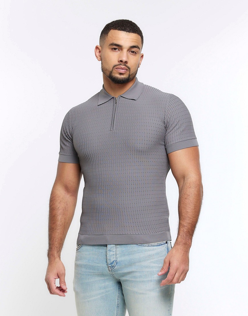 River Island Muscle fit polo shirt in grey - light