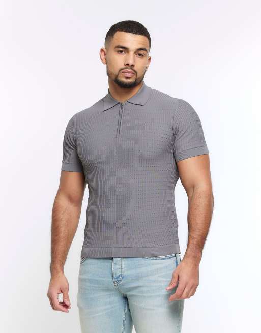 River Island Muscle fit polo shirt in grey light ASOS