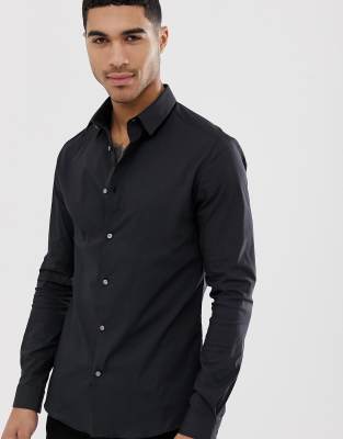 River Island muscle fit poplin shirt in black